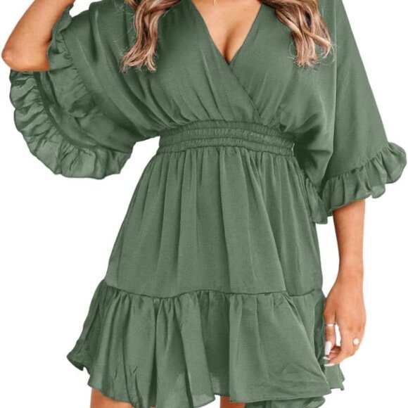 Womens V Neck Casual Dresses Summer Loose High Waist Ruffle Pleated Cute Mini Sh - Picture 1 of 5